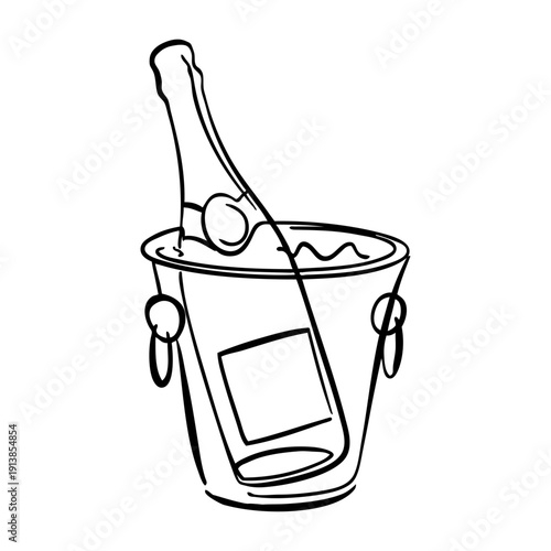 Dibujo con línea continua de una botella de champán en una cubeta de hielo, para fiestas y celebraciones 