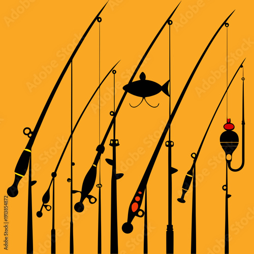 Fishing Rods with Fish Silhouette Outdoor Angling Vector Illustration