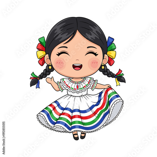 A smiling cartoon girl wearing a traditional Mexican dress dances playfully outdoors.