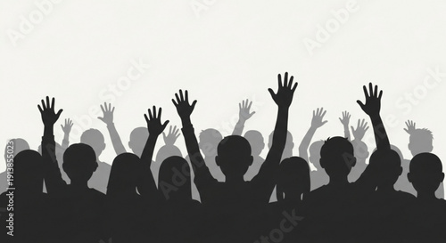 Silhouetted Crowd Raising Hands in Unison against White Background