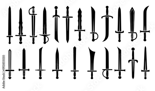 Historical and fantasy sword silhouettes black vector collection