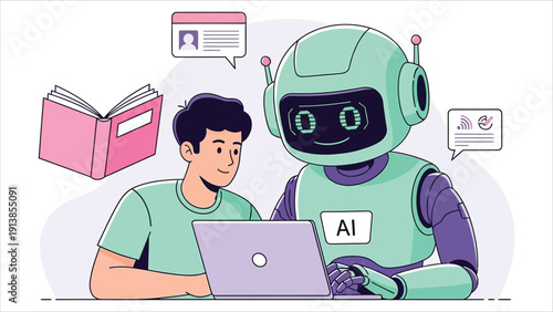 AI robot assistant holding a book and learning from data, with characters teaching the robot