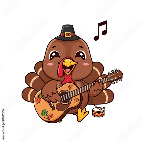 A cartoon turkey wearing a pilgrim hat plays guitar and sings near a drum on Thanksgiving.