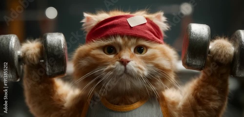 Wallpaper Mural Cute Cat Lifting Dumbbells, Funny Fitness Pet Workout Concept Torontodigital.ca