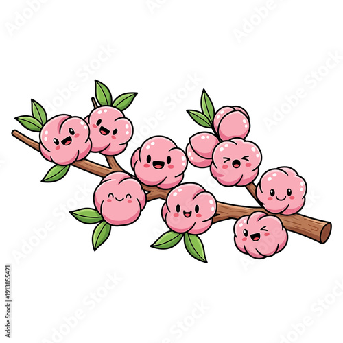An illustration of cute peaches with smiling faces on a tree branch with green leaves.