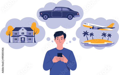 Man using smartphone dreaming about car house and travel vacation vector illustration concept
