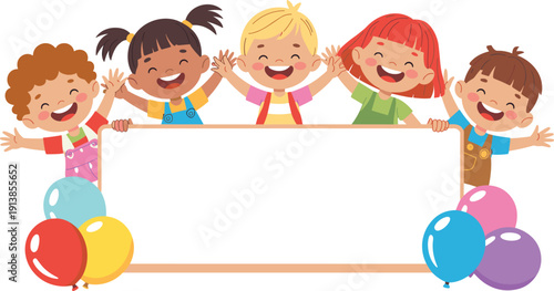 Cartoon Children of Different Ethnicities Holding a Blank Banner with Colorful Balloons for Celebration, Party, and Event Designs