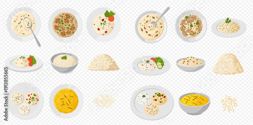 Collection of various rice dishes and preparations, including risotto, porridge, and plain rice in bowls and plates.