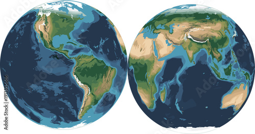 Earth globe map illustration showing continents oceans world geography global environment education cartography concept isolated on white background studio render