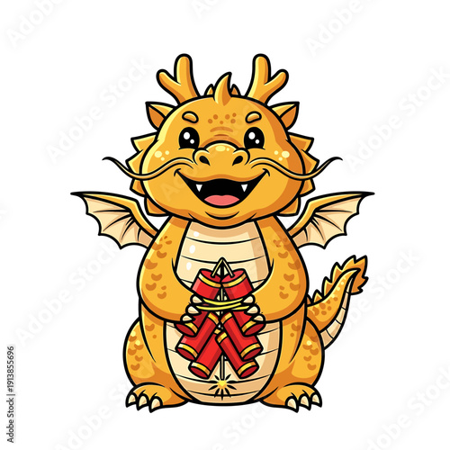A cheerful cartoon dragon holds firecrackers in a festive scene.