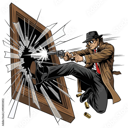 Man in brown coat kicking in wooden door while shooting gun from outside viewpoint