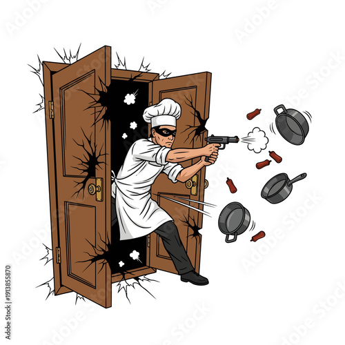 A chef bursting through a broken door, shooting pots and pans, in a chaotic kitchen scene from a dynamic viewpoint.
