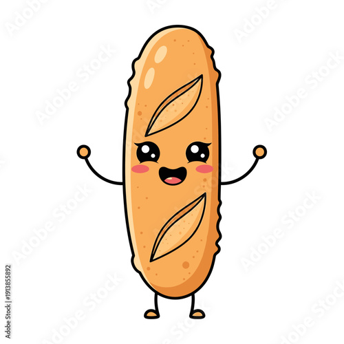 A cheerful cartoon bread character with leaves stands happily on a white background.
