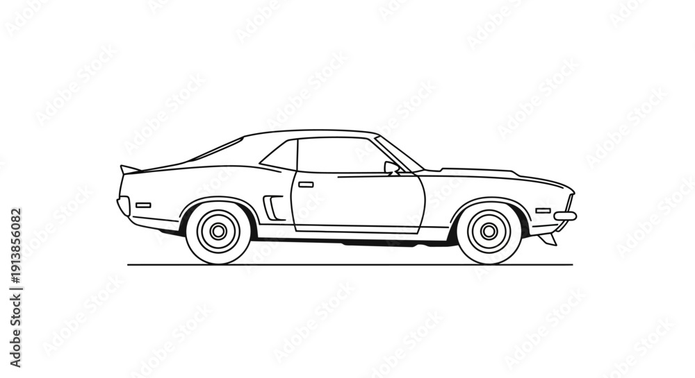 Obraz premium Vintage muscle car side view line drawing illustration.