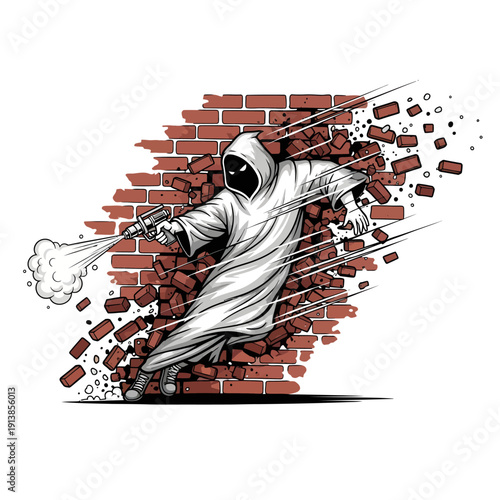 A figure in a white hooded cloak bursting through a brick wall with a smoking gun.