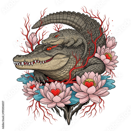 A menacing alligator surrounded by vibrant lotus flowers and red veins viewed from a close-up perspective in a tattoo-style illustration