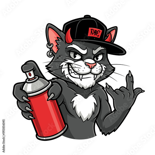 Mischievous cartoon cat wearing devil horns and baseball cap holding red spray can in a graffiti art scene
