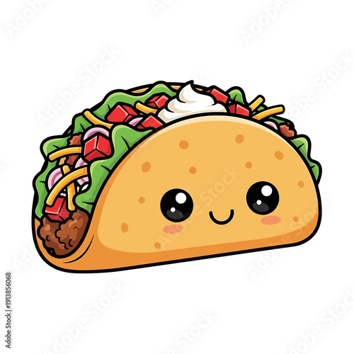 A smiling taco with lettuce, cheese, tomato, and sour cream on a plate indoors.