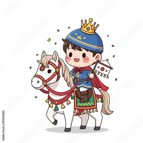 A chibi-style illustration of a smiling boy dressed as a king riding a white horse with colorful decorations.