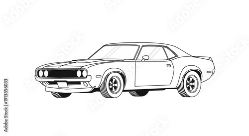 Vintage black and white car illustration with detailed line art.
