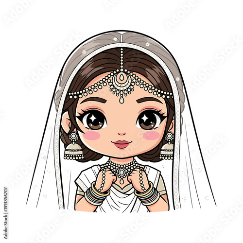 An illustration of a woman wearing traditional Indian wedding attire and jewelry