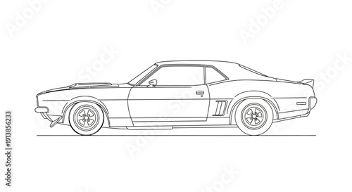 Vintage Muscle Car Line Drawing Illustration.