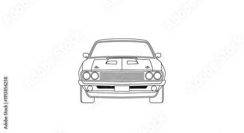 Vintage Car Front View Line Art Illustration.