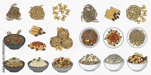 Collection of various pasta types and dishes, including different shapes and prepared meals, on a transparent background.