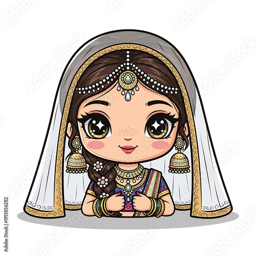 A cartoon illustration of a smiling Indian woman wearing traditional jewelry and clothing, posing with her hands folded under a veil.