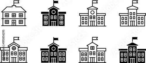 Minimalist black and white outline school building icons set representing education architecture high school university and college campus facilities.