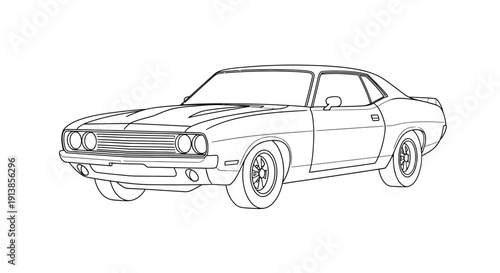 Vintage Muscle Car Line Drawing Illustration.