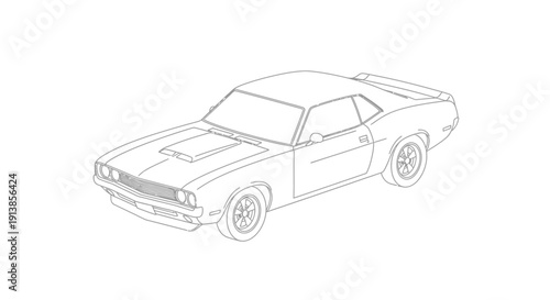 Vintage Muscle Car Line Drawing Illustration.
