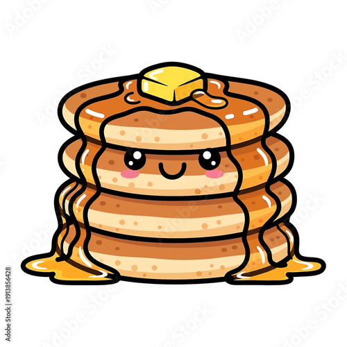 A stack of pancakes with syrup and butter on top is smiling.