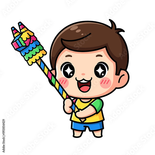 A cheerful little boy excitedly holds a large colorful birthday pinata stick.