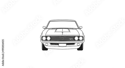 Vintage car illustration front view black and white.