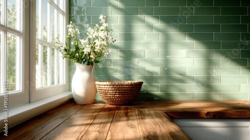 A sunlit kitchen corner showcases a vibrant green tiled wall, a white vase full of fresh flowers, and a rustic wooden table creating a warm and inviting ambiance for home cooking.