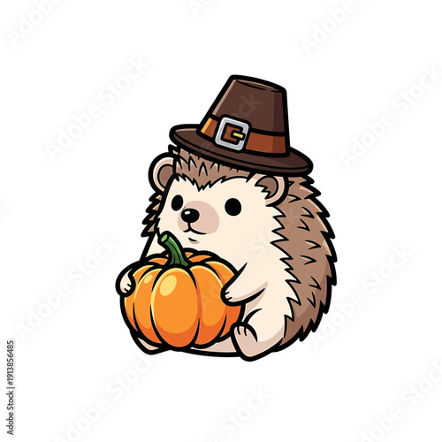 A cartoon hedgehog in a pilgrim hat holds a pumpkin.