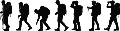 Various silhouettes of men hiking with backpacks and trekking poles across a clear white background