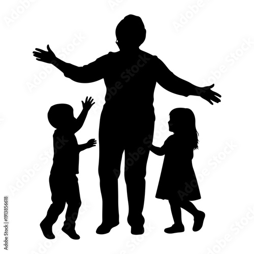 Grandfather interacting with grandchildren, multigenerational family bonding silhouette isolated on white