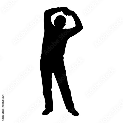 Senior performing overhead stretch exercise, flexibility training for aging silhouette isolated on white