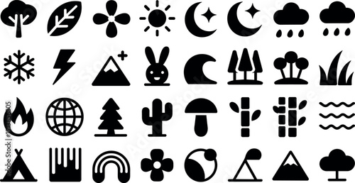 Nature and seasonal icons set vector illustration with trees weather animals landscape and environment symbols