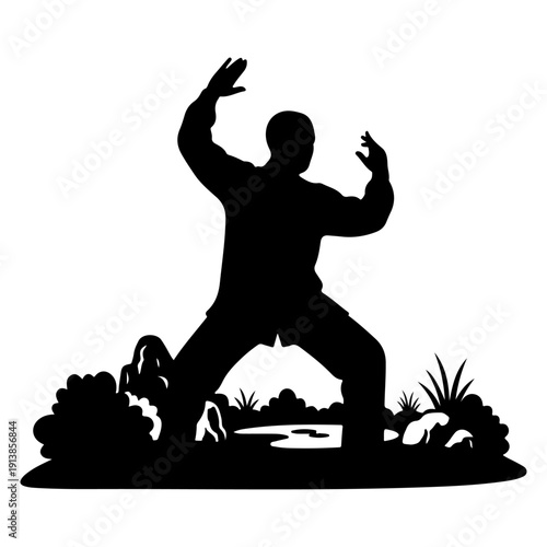 Senior practicing tai chi in garden park, active aging balance training silhouette isolated on white background