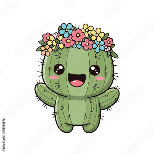 A cartoon cactus character with flowers on its head, smiling and standing upright, in a simple illustration style.