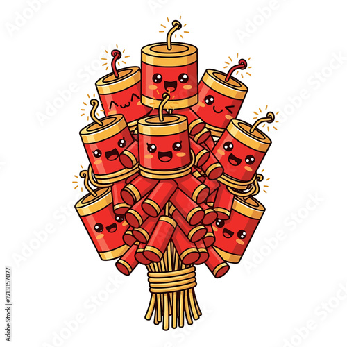 A bundle of cartoon firecrackers with smiling faces, tied together, set against a white background
