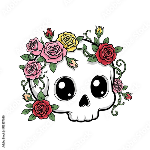 A colorful skull illustration adorned with flowers and vines viewed from the front.
