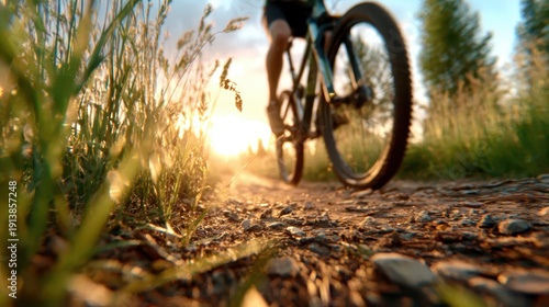 Wallpaper Mural A dynamic shot of a mountain biker navigating a dirt path during sunset, capturing the energy and thrill of cycling in nature's picturesque backdrop of golden light. Torontodigital.ca
