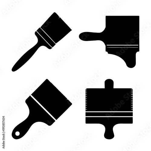 Diverse collection of black silhouette icons depicting various painting tools and applicators