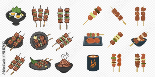 Collection of various delicious grilled skewers and barbecue dishes in flat vector illustration style.