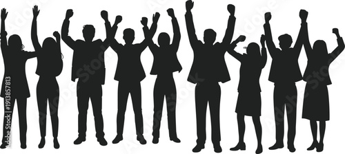 Business, people, silhouettes, celebration, success, team, unity, raised, hands, corporate, professionals, group, achievement, motivation, leadership, workplace, diversity, energy, flat, illustration
