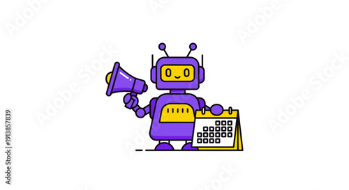 Minimalist marketing automation robot icon — megaphone calendar scheduling flat vector purple yellow